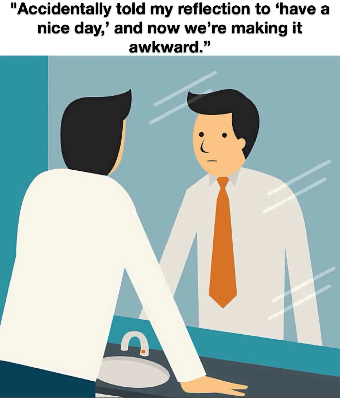 An illustrated man in a white shirt and orange tie stands in front of a bathroom mirror, looking at his reflection with a…