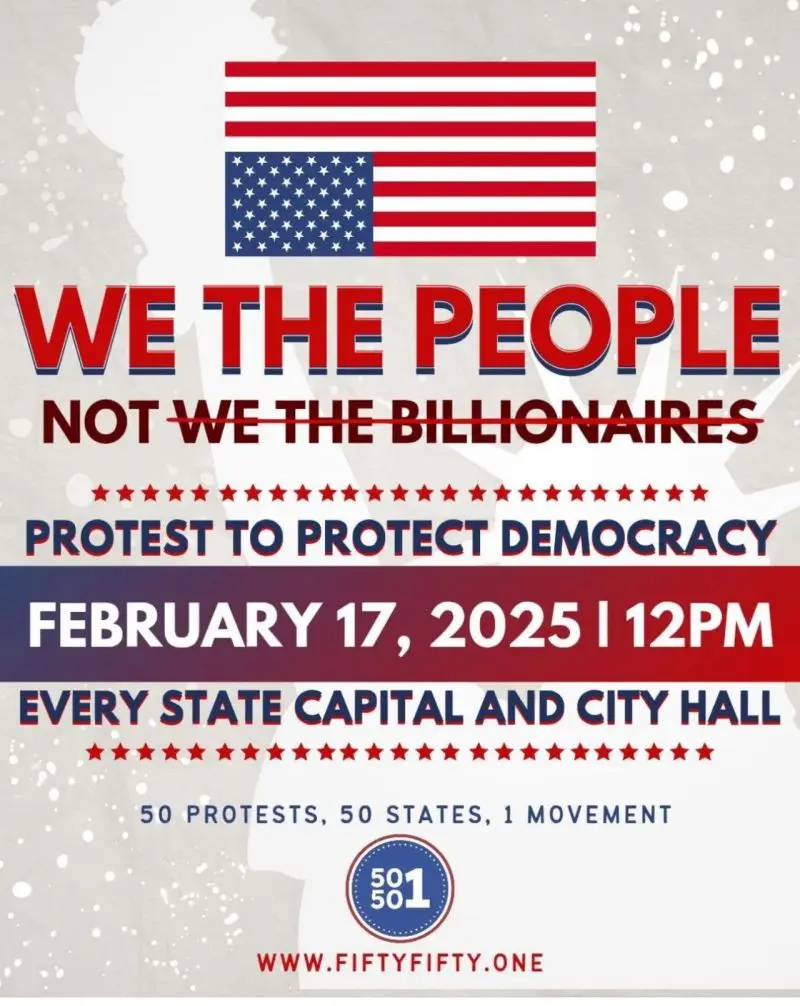 A protest poster features an American flag at the top, followed by bold red text reading 'WE THE PEOPLE' and below it, 'NOT…