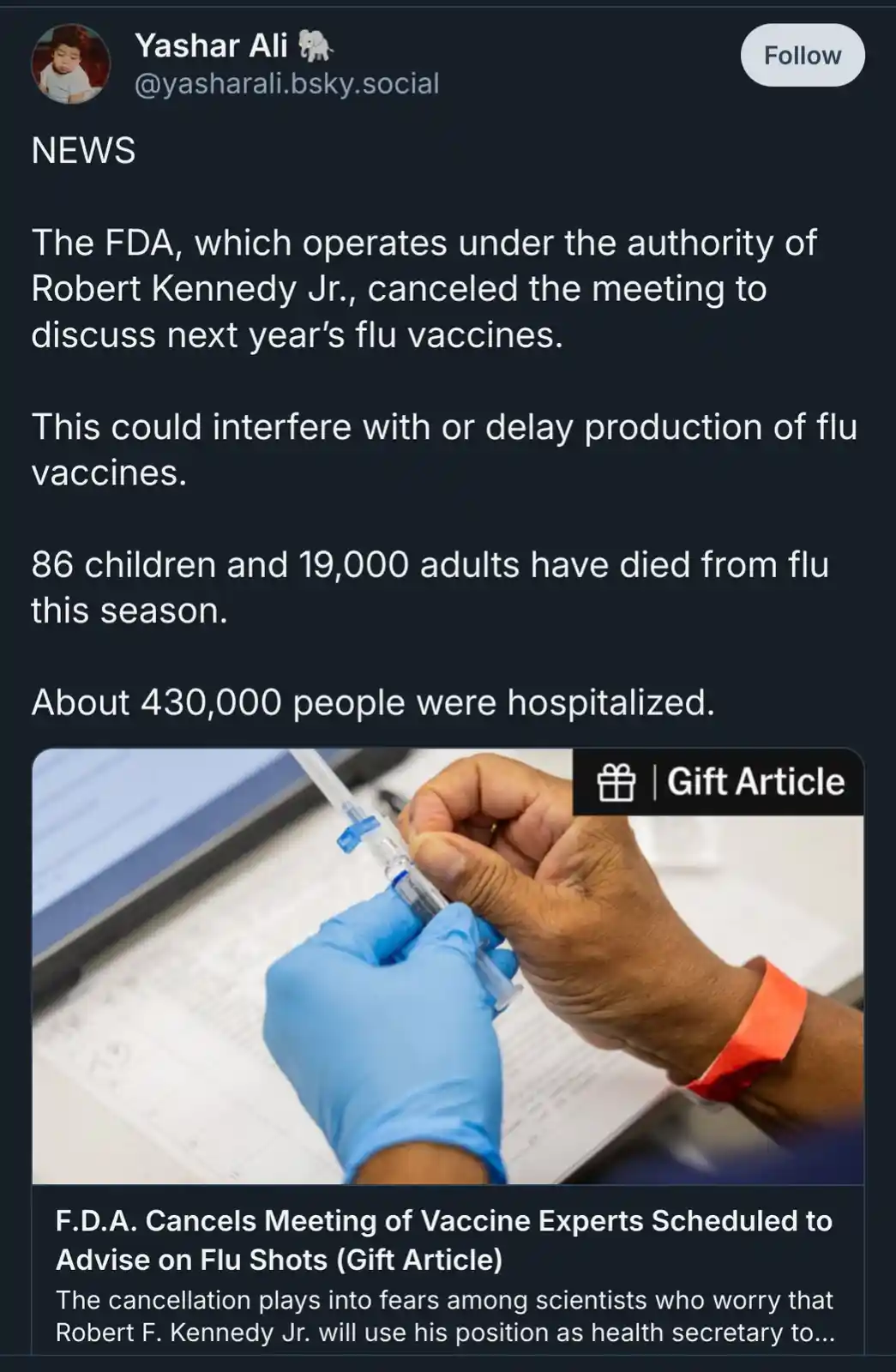 A screenshot of a social media post showing a news article about the FDA canceling a flu vaccine meeting, overlaid with text…