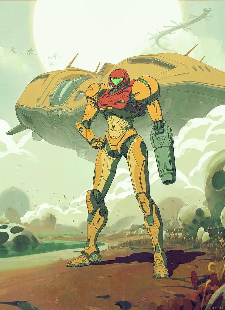 A character in a red and yellow armored suit stands confidently on a barren, alien landscape with a large yellow spaceship…