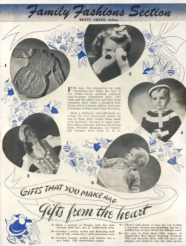 A vintage 1940s magazine page titled 'Family Fashions Section' features four heart-shaped photos of children wearing…