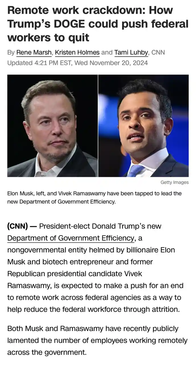The image is a screenshot of a CNN article from November 20, 2024, featuring side-by-side photos of Elon Musk and Vivek…