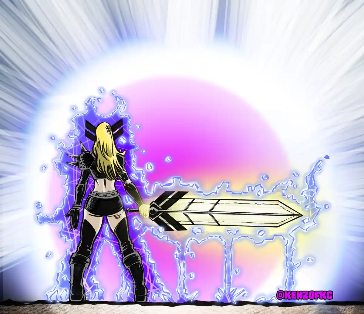 A blonde anime-style female warrior in black armor stands with her back to the viewer, holding a massive glowing sword that…