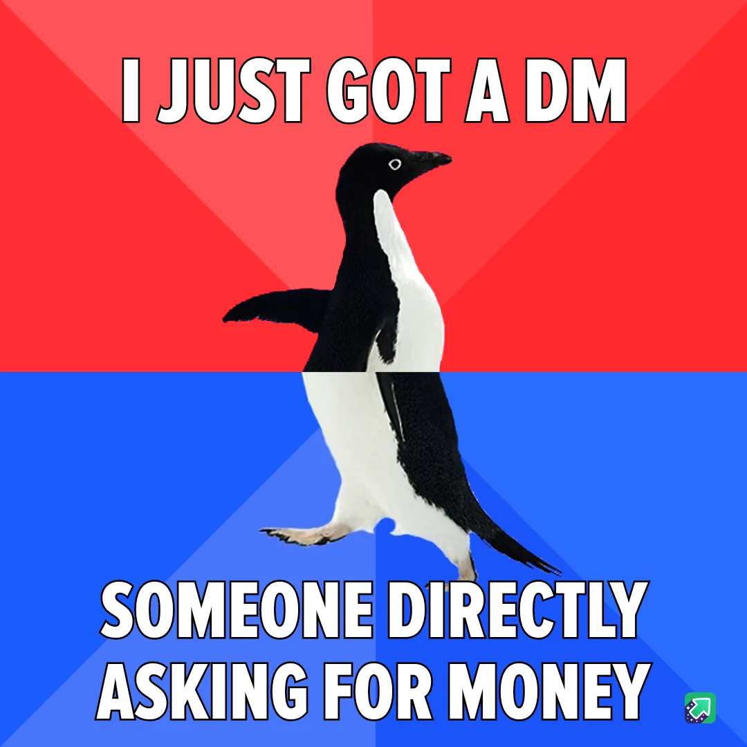 A penguin stands centered against a red and blue background, with bold white text at the top reading 'I JUST GOT A DM' and…