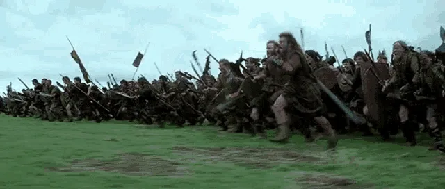 A sequence of six frames from a battle scene shows a lone warrior running away from a large army charging towards him. The…