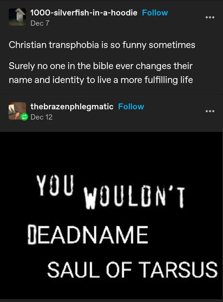 The image displays a black background with large, white, pixelated text that reads 'YOU WOULDN'T DEADNAME SAUL OF TARSUS'…