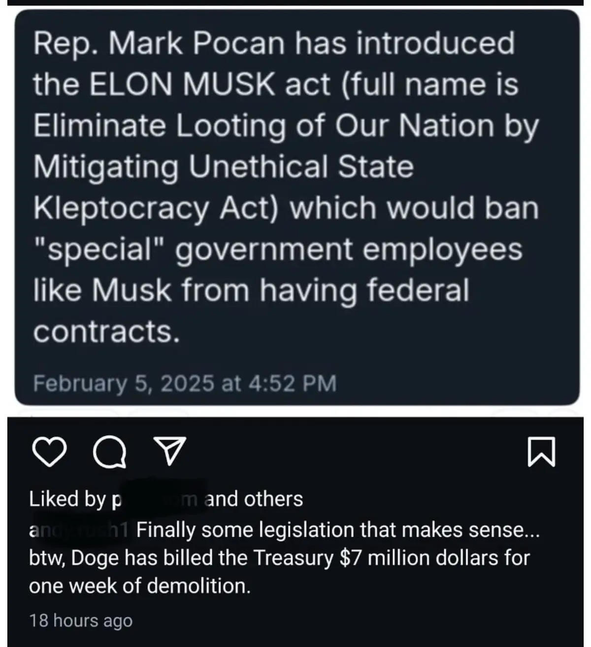 A screenshot of a social media post showing a news item about Rep. Mark Pocan introducing the 'ELON MUSK act' to ban…
