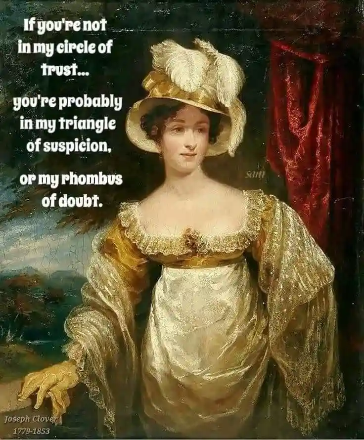 A classical portrait of a woman in a golden dress and feathered hat, with overlaid white text that reads: 'If you're not in…