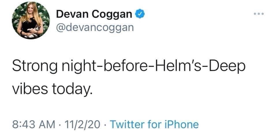 A screenshot of a verified Twitter post by Devan Coggan (@devancoggon) from November 2, 2020, at 8:43 AM. The tweet reads…
