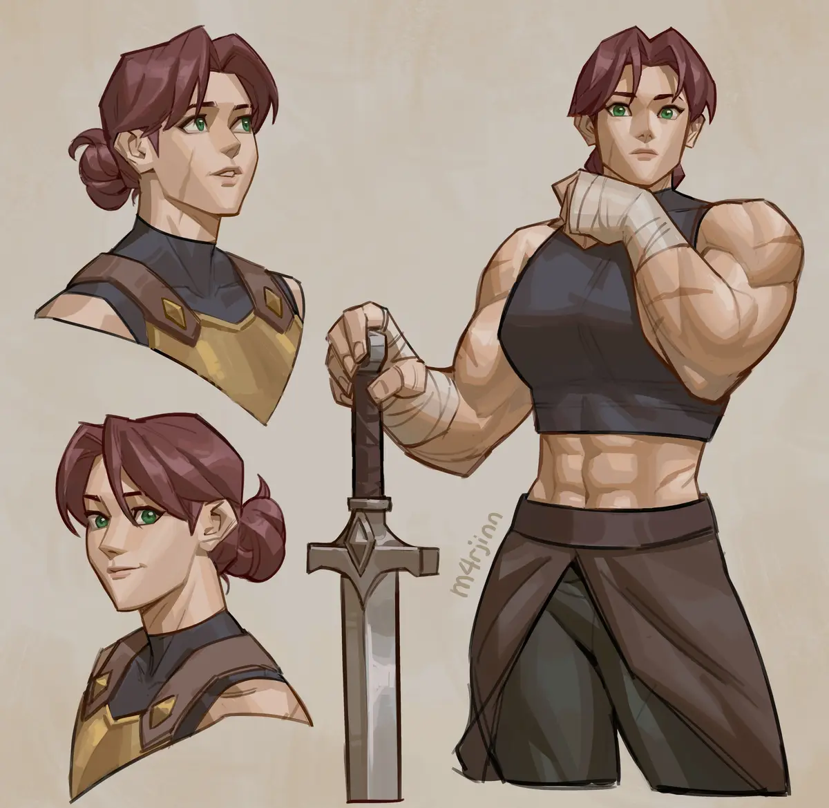 A character design sheet shows a muscular, green-eyed person with brown hair in a bun, depicted in three views: two bust…