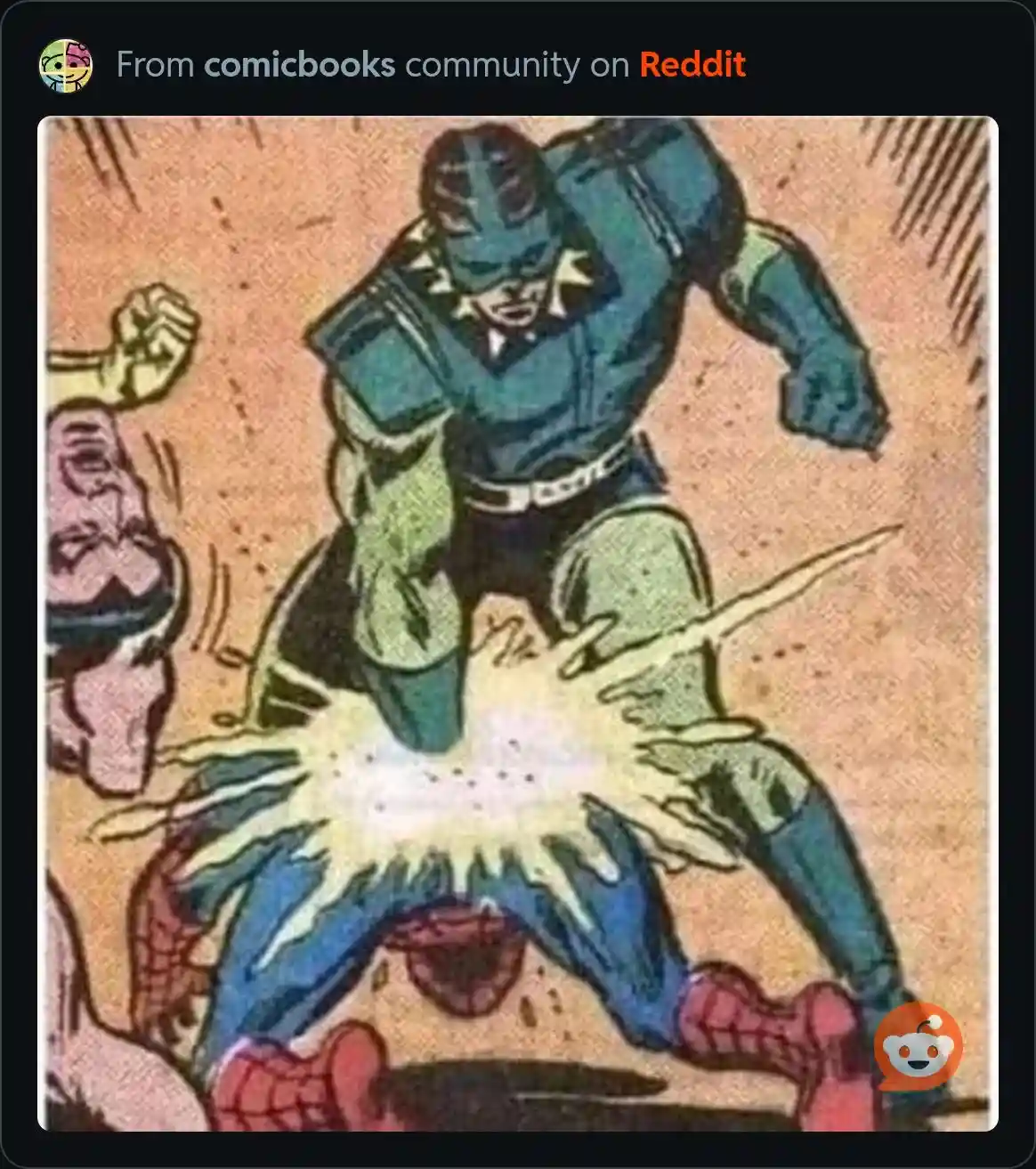 A vintage comic book panel shows a large, muscular green-skinned villain in a blue and green costume standing triumphantly…