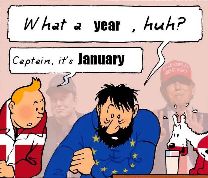 A comic panel featuring Tintin and Captain Haddock, with Haddock looking exhausted and wearing a blue hoodie with yellow…