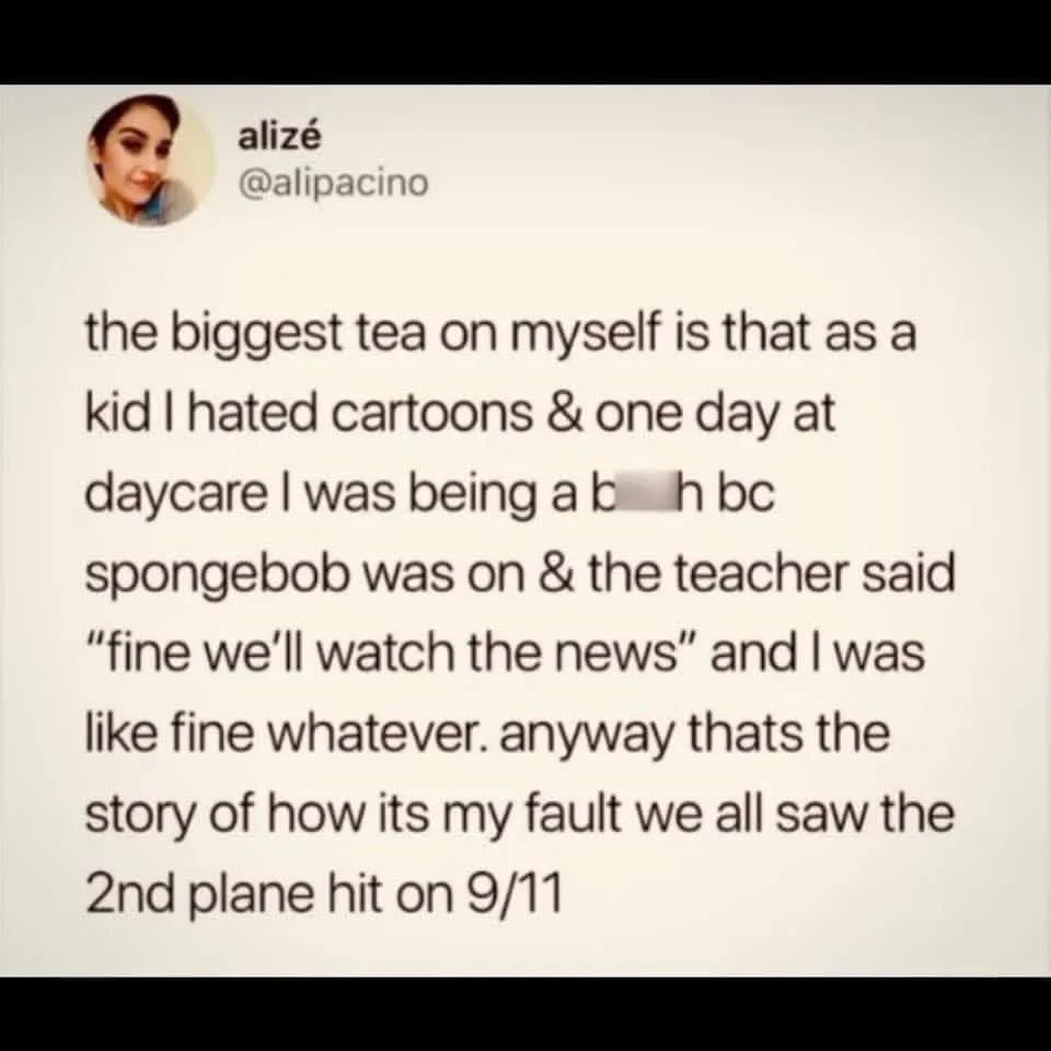 A screenshot of a tweet by user 'alizé' (@alipacino) showing a humorous self-deprecating story about how their childhood…
