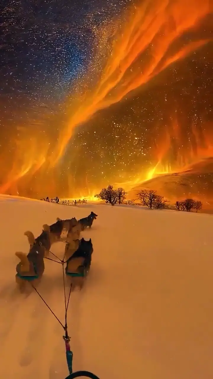 a dog sled team runs across a snowy landscape under a vibrant, fiery-orange aurora borealis that illuminates the night sky…