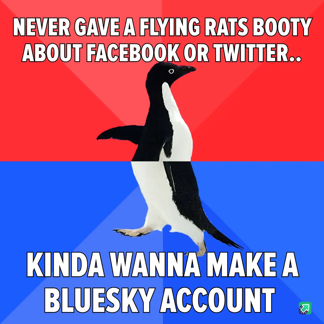 A penguin stands centered against a red and blue background, with white bold text at the top reading 'NEVER GAVE A FLYING…