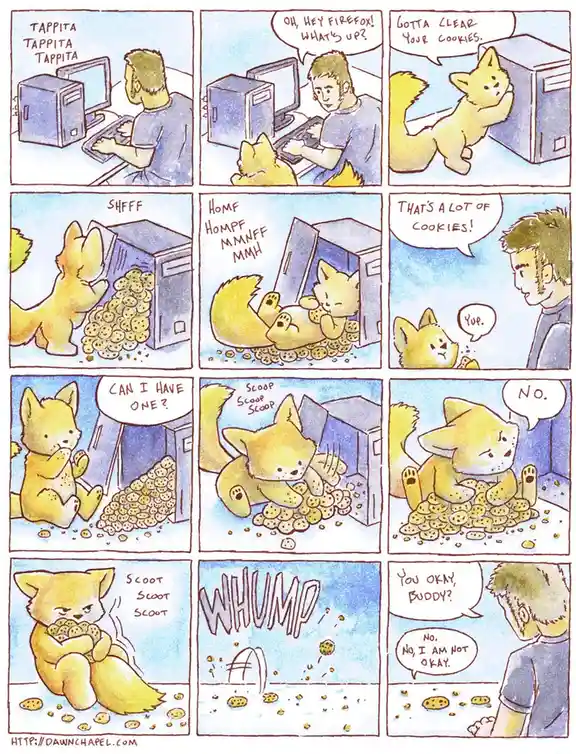 A comic strip shows a man typing on a computer while a yellow fox sits beside him. The fox asks what's up, then climbs into…