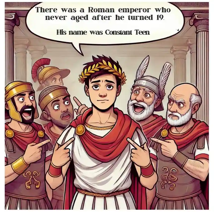 A cartoon image shows a young man in Roman imperial attire, wearing a laurel wreath and a toga, standing in front of several…