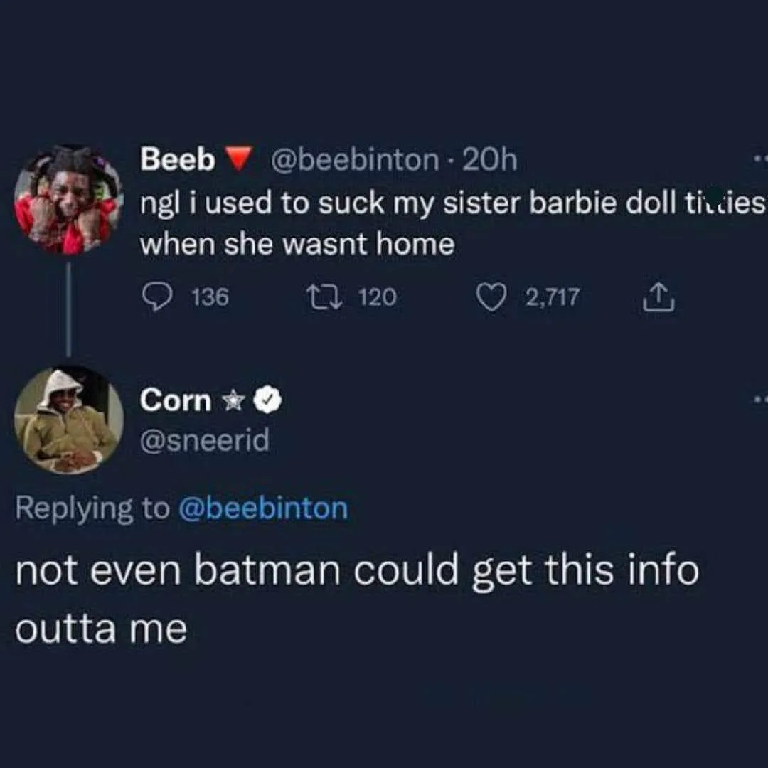 A screenshot of a Twitter thread shows user 'Beeb' confessing, 'ngl i used to suck my sister barbie doll titties when she…