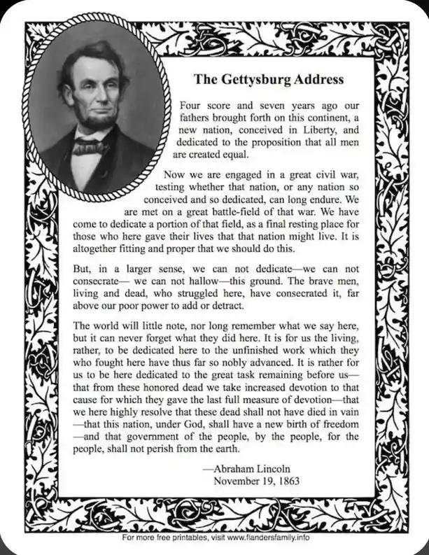 A black-and-white image displays a formal portrait of Abraham Lincoln in an oval frame on the left, next to the full text of…