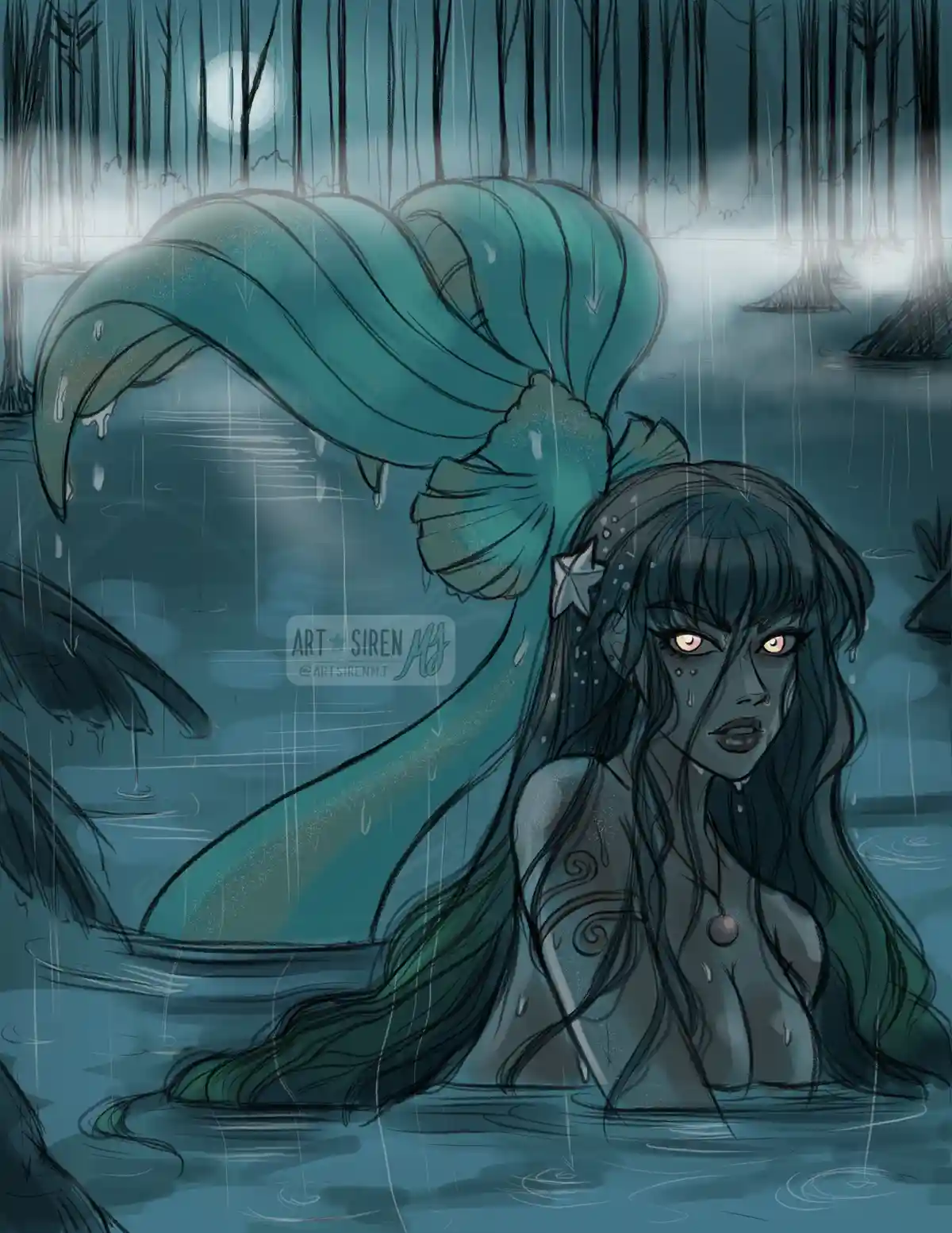 A dark, moody illustration of a mermaid with glowing yellow eyes and a teal tail standing in water under rain, surrounded by…