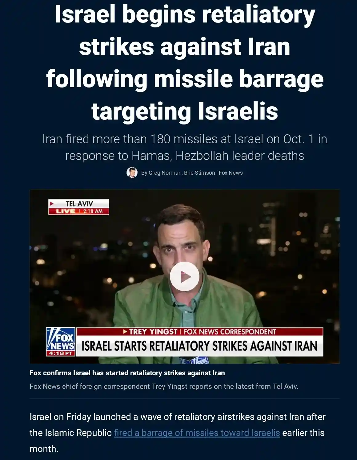 Israel Launches Retaliatory Strikes on Iran After Missile Attacks