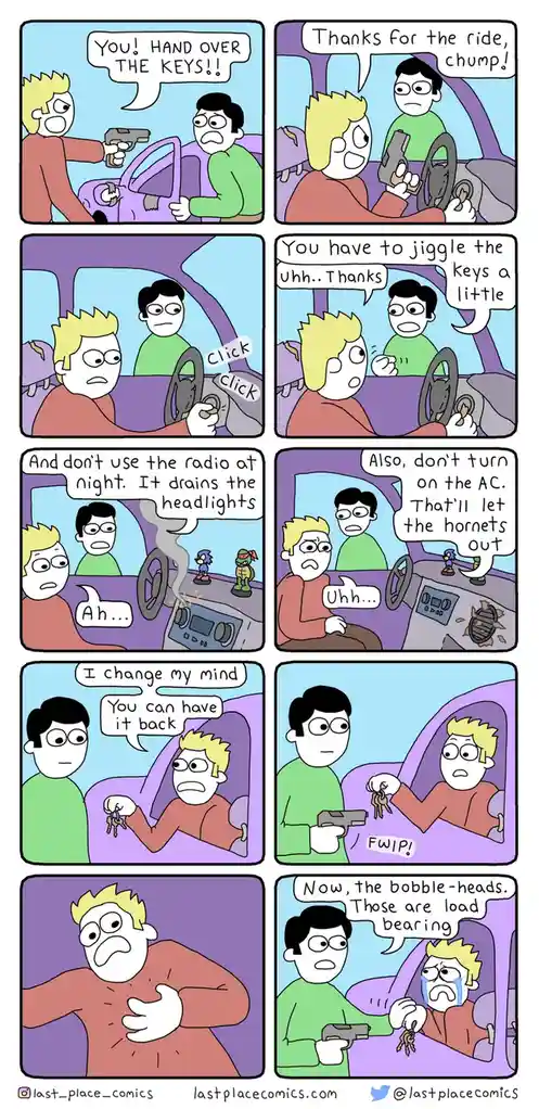 A comic strip depicts a man with a gun demanding car keys from another man. The car owner gives them reluctantly, but then…