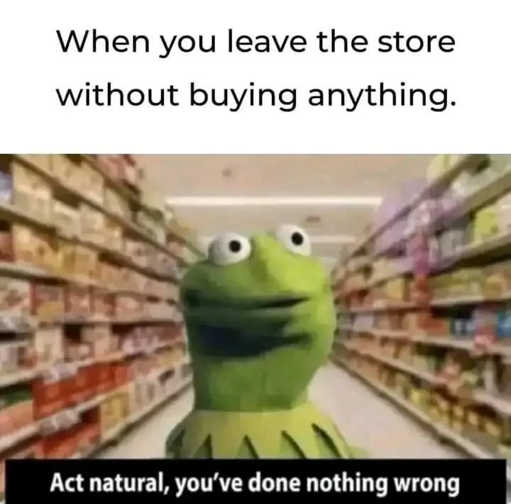 A green frog puppet, Kermit the Frog, stands in the middle of a supermarket aisle with shelves of products on both sides…