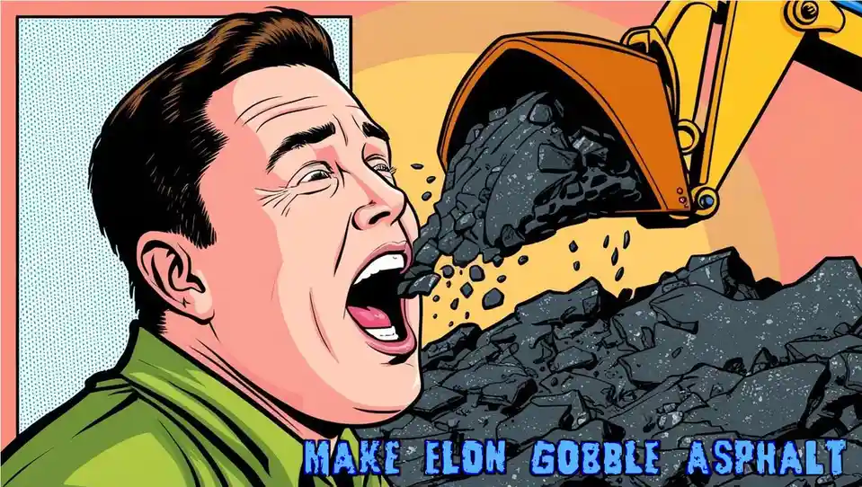 A pop-art style illustration shows a man with an open mouth as a yellow excavator bucket pours asphalt into it. The text at…