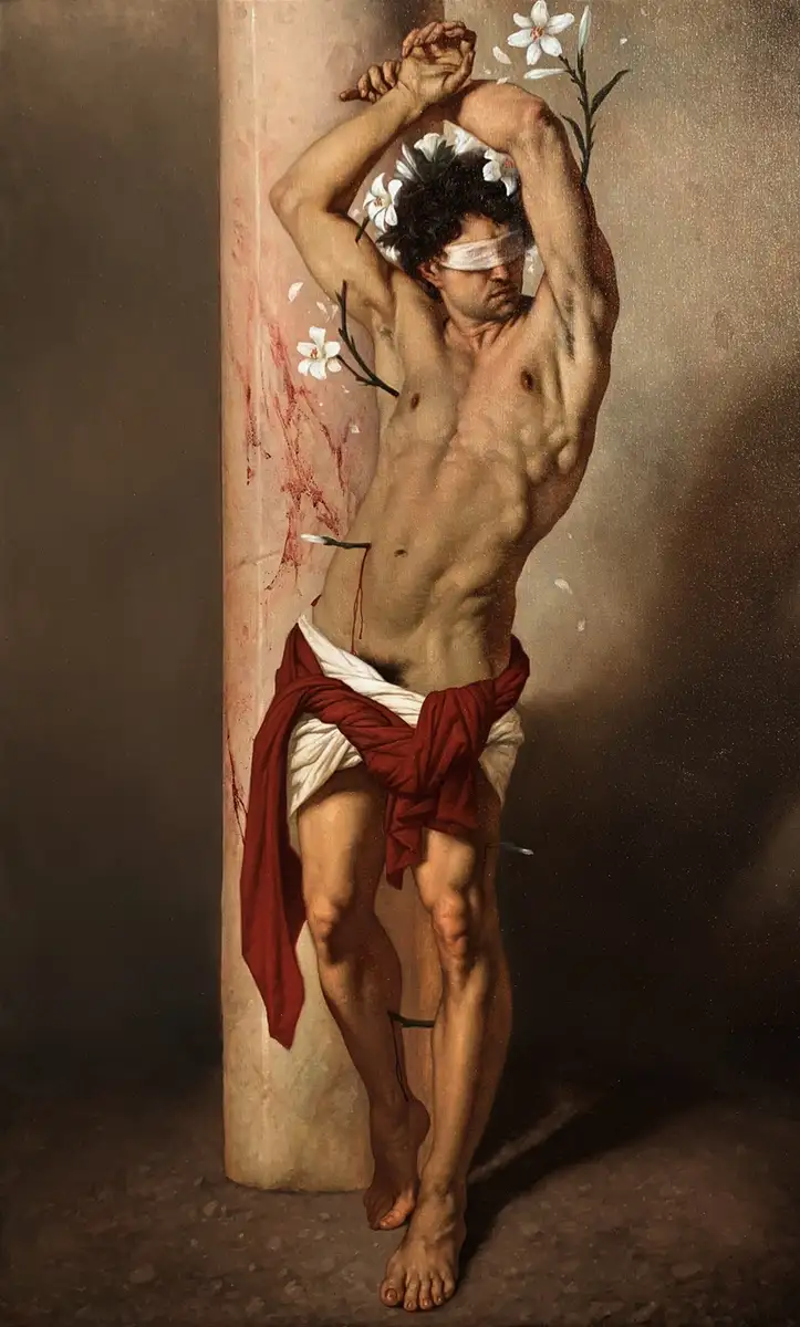 A classical painting depicts a muscular, blindfolded man bound to a pillar with ropes and spikes, blood dripping down the…