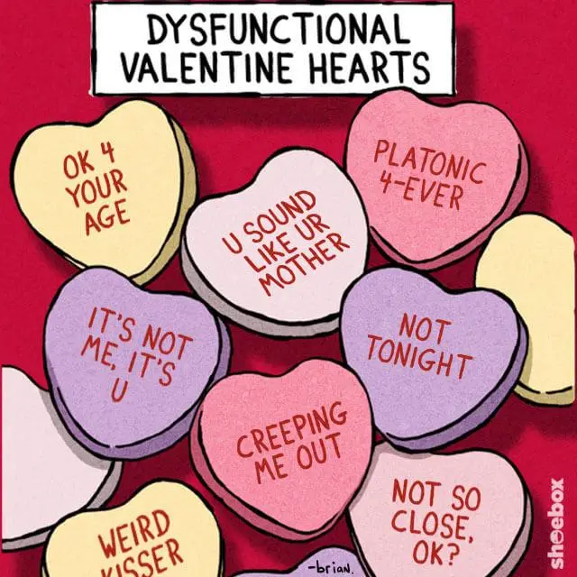 An image of scattered, cartoon-style Valentine's Day candy hearts on a red background, each with a sarcastic or awkward…
