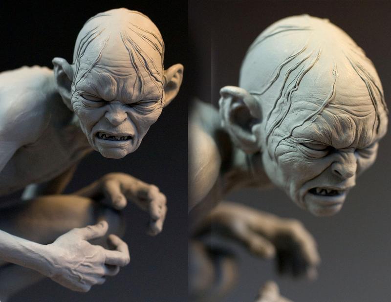 The image displays two side-by-side close-up shots of a detailed, unpainted Gollum figurine, showing his face and hands in a…