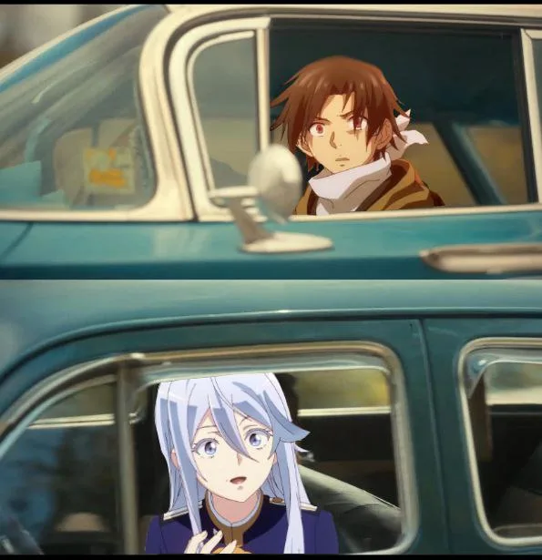 Two anime characters are shown in separate panels inside a teal car. The top panel shows a brown-haired male character…