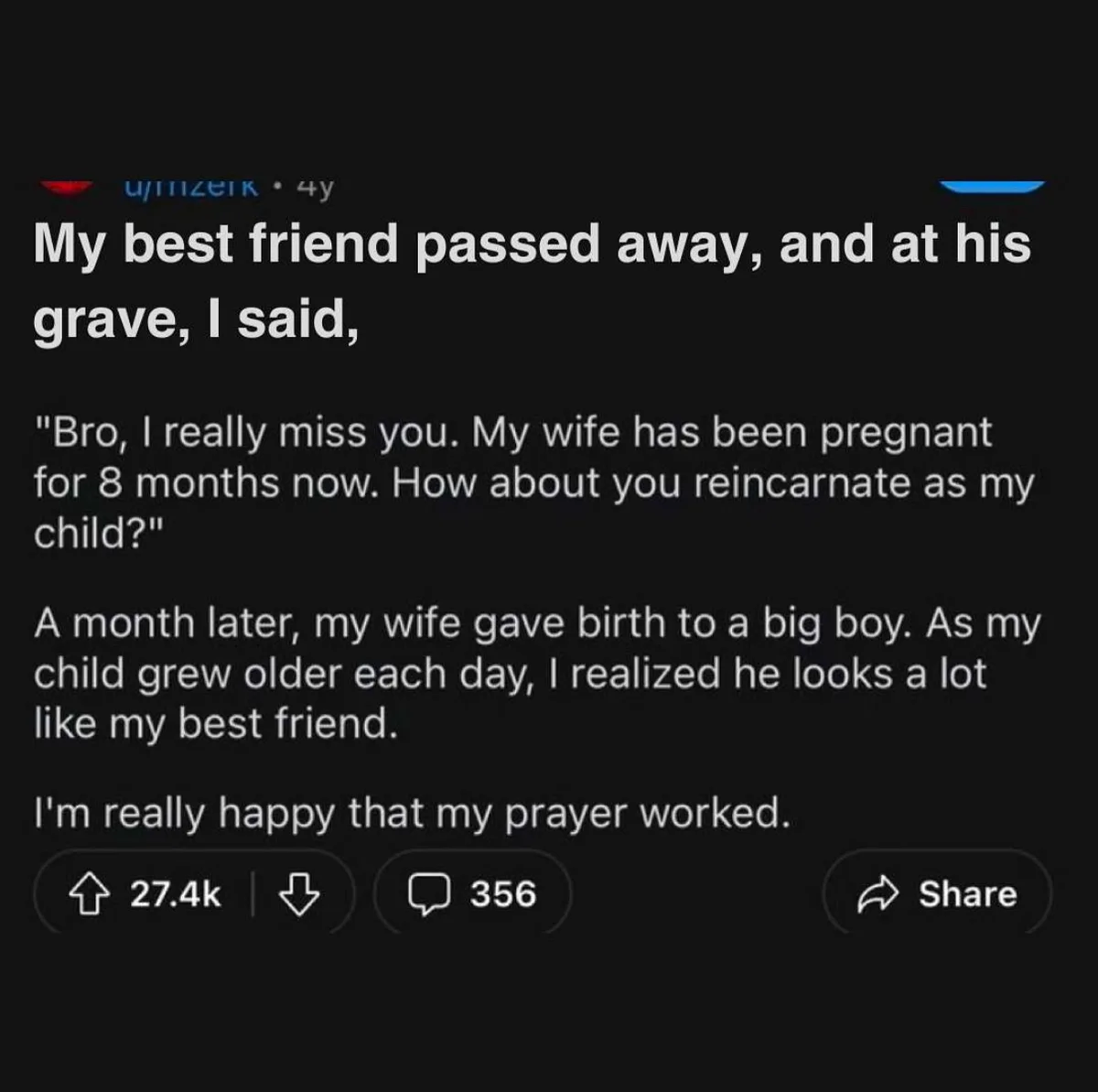 A screenshot of a Reddit post by user u/mizerk, showing a dark-themed interface with white text. The post narrates a story…