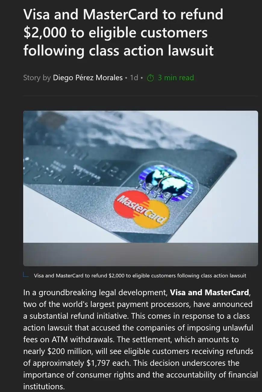 A screenshot of a news article headline about Visa and MasterCard refunding $2,000 to eligible customers after a class…