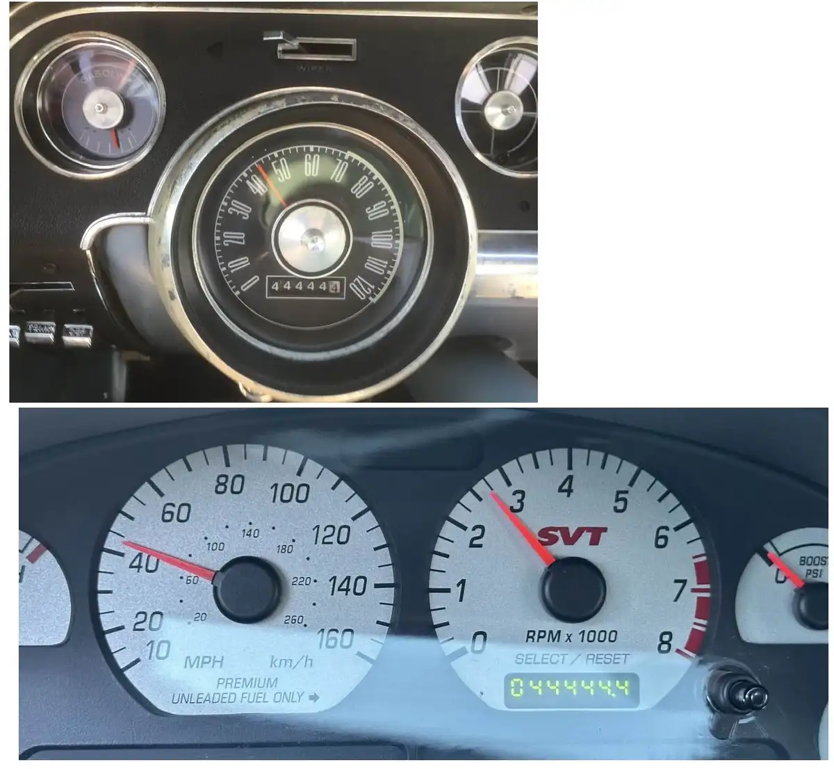 The image displays two car dashboards: the top one shows a vintage speedometer with the odometer reading '444444', and the…
