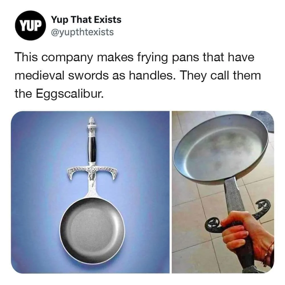The image displays two photos: one of a frying pan with a decorative medieval sword handle, and another of a hand holding a…