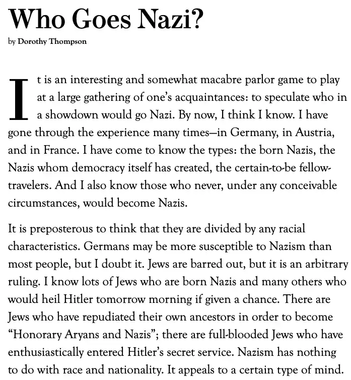 An excerpt from Dorothy Thompson's article 'Who Goes Nazi?' is shown, featuring a large serif title and a paragraph…