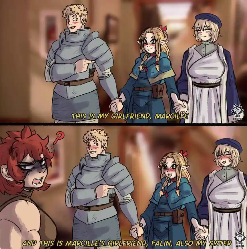 A two-panel anime-style comic shows a man in armor introducing two women he's holding hands with. In the top panel, he says…