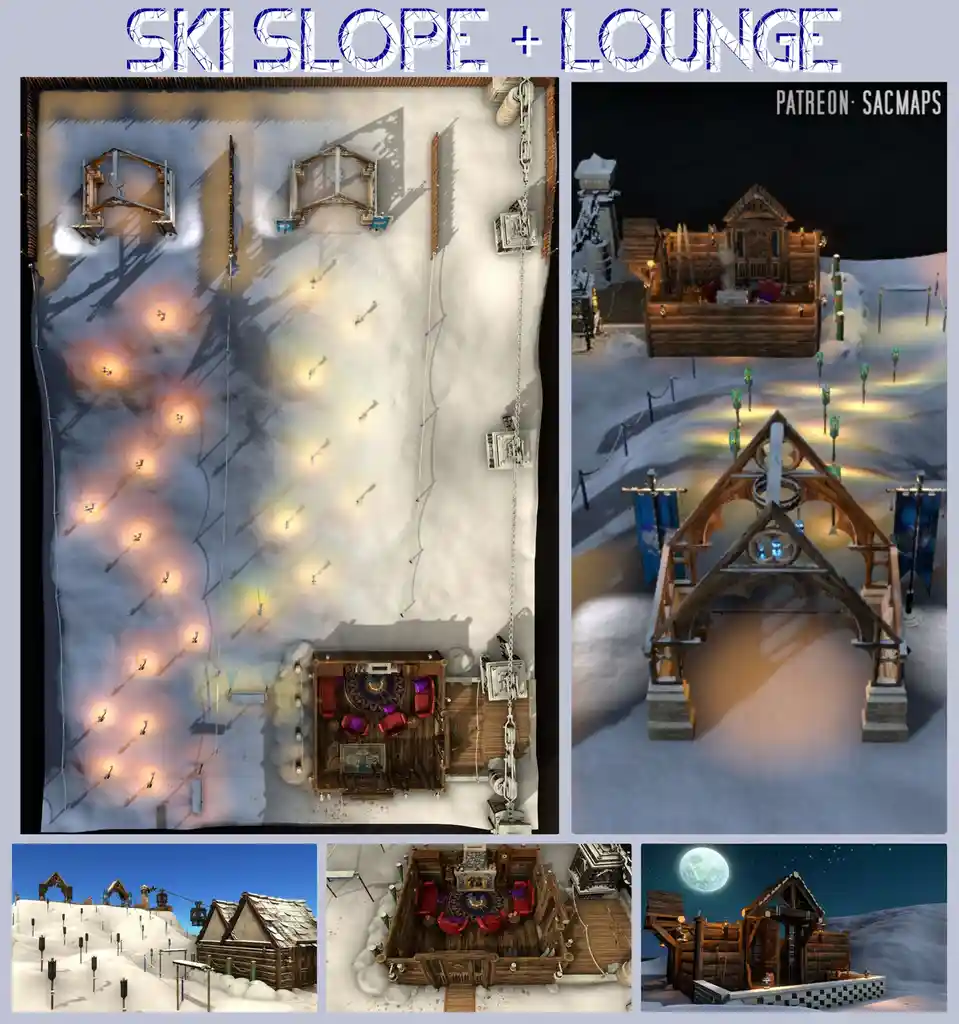 A collage of five images showcasing a custom-built virtual ski slope and lounge area, featuring a snowy slope with ski lifts…