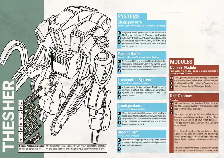 A technical schematic for a mech named 'Thresher' features a line drawing of a heavily armored, chainsaw-equipped robot. The…