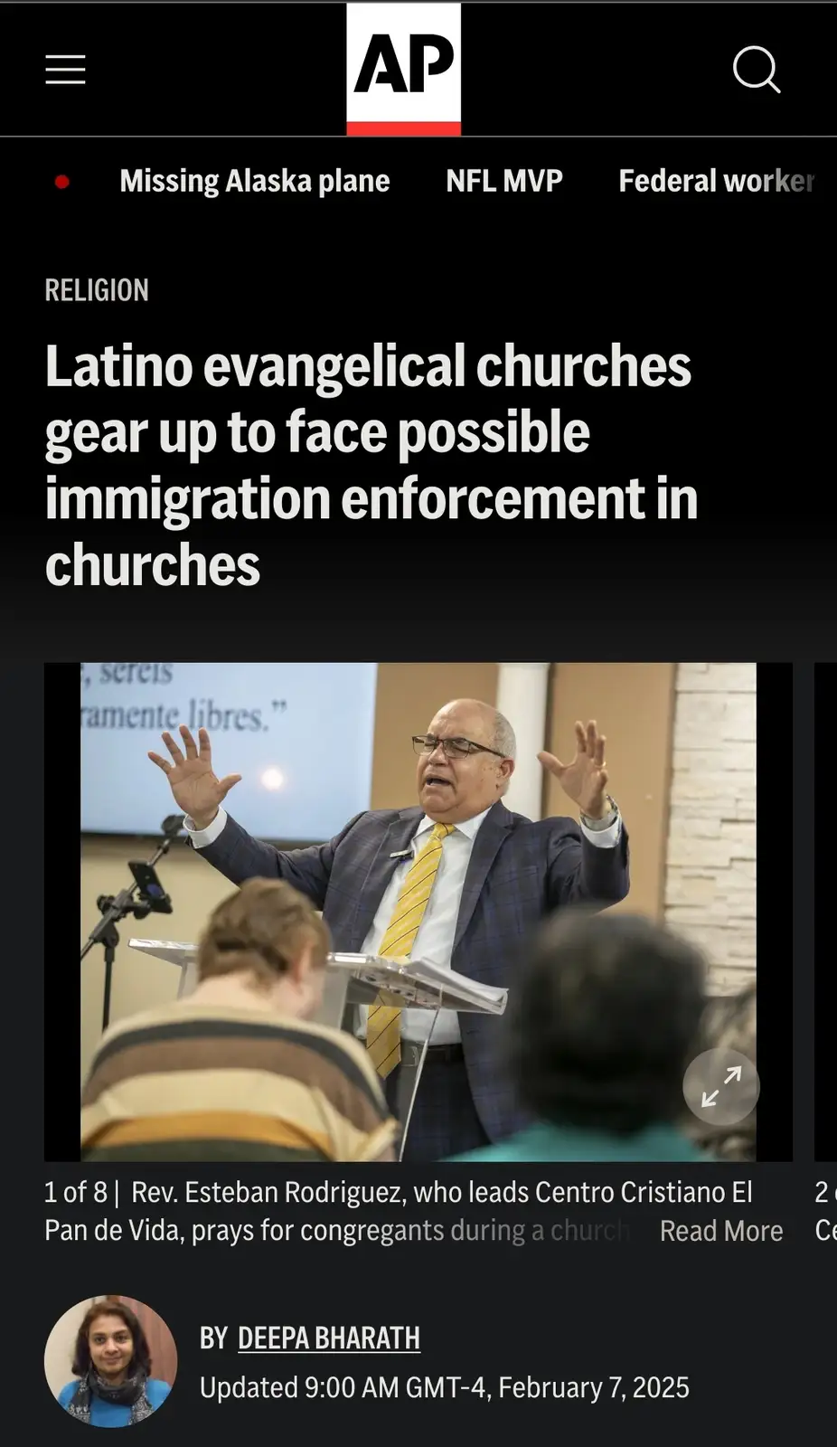 A screenshot of an Associated Press news article about Latino evangelical churches preparing for potential immigration…