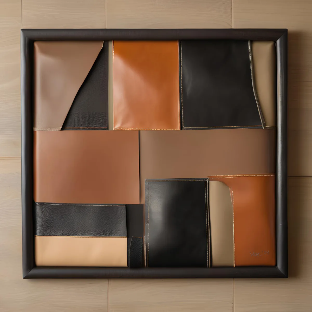 This is a framed abstract artwork composed of various pieces of leather in different shades of brown, black, and tan…