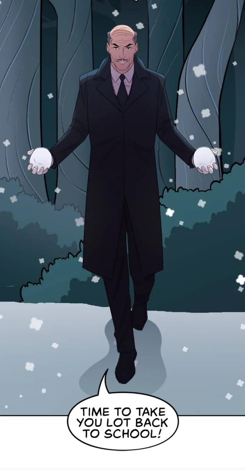 A bald, stern-looking man in a long black coat and tie stands in a snowy, forested area, holding a snowball in each hand. He…