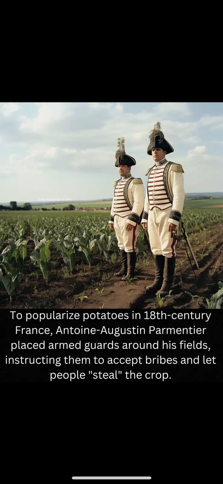 Two men in 18th-century French military uniforms stand in a field of leafy green crops, likely potatoes, under a cloudy sky…