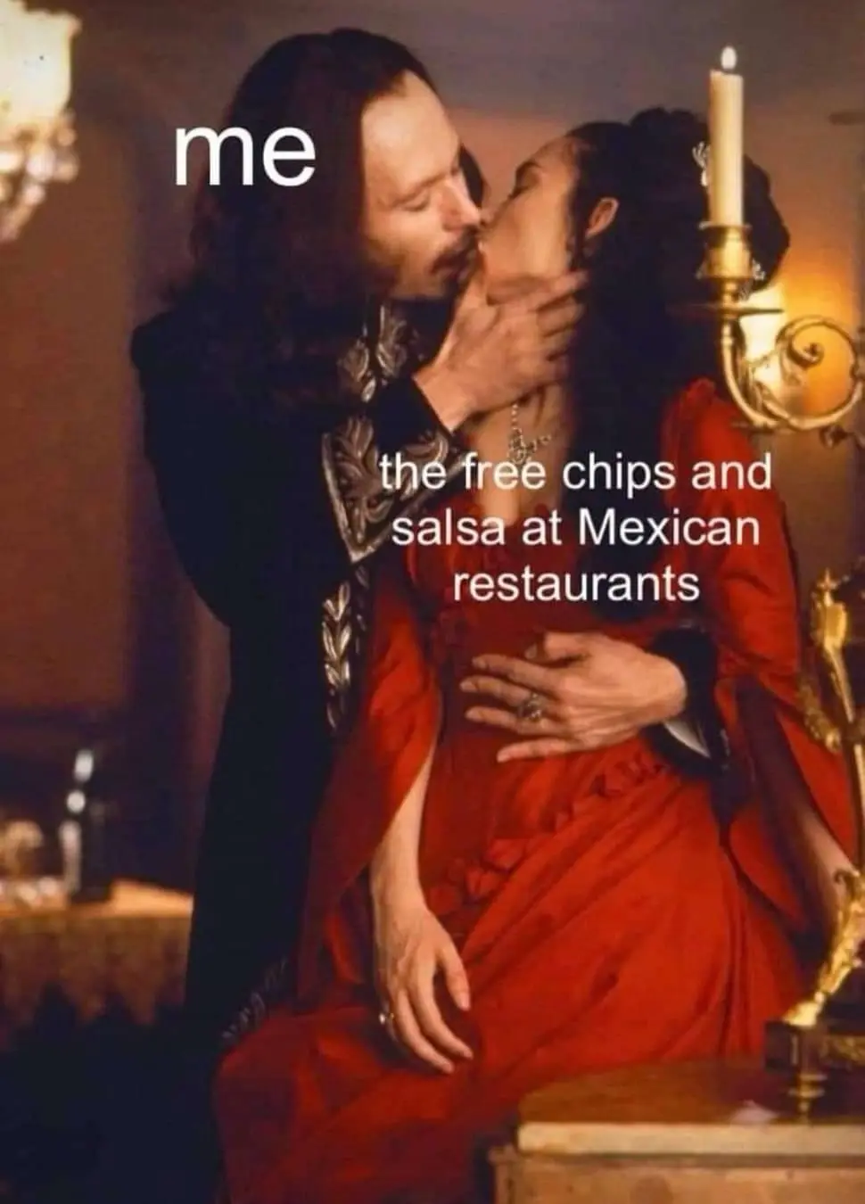 A man and woman in period costumes are kissing passionately; the man is labeled 'me' and the woman is labeled 'the free…
