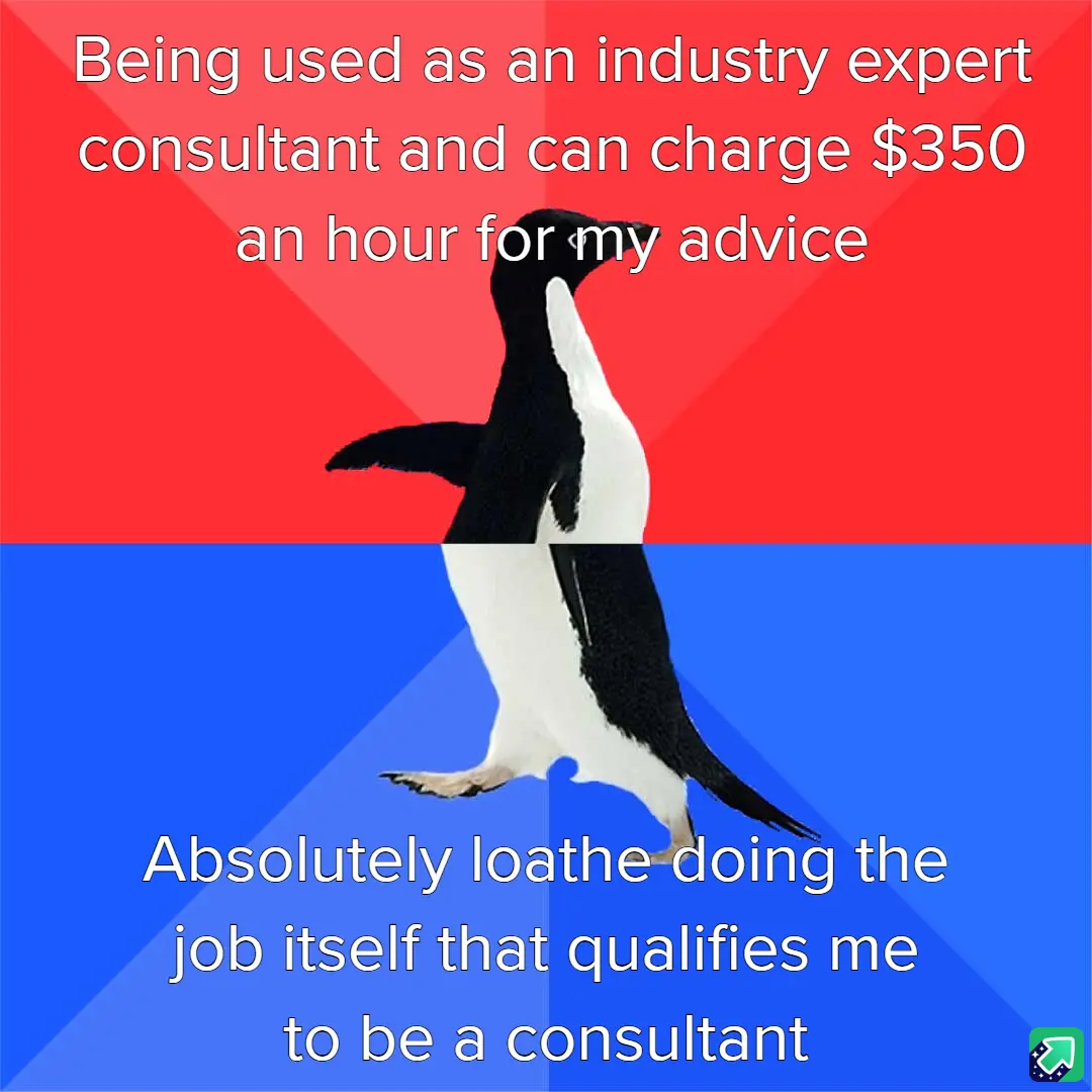 A penguin stands upright against a red and blue background, with white text overlaid in two sections. The top text reads…