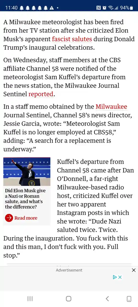 A screenshot of a news article about meteorologist Sam Kuffel being fired from CBS58 after criticizing Elon Musk for…