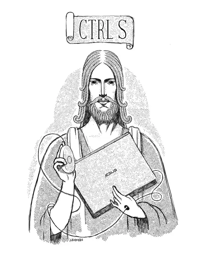 A black-and-white line drawing depicts Jesus Christ with long hair and a beard, holding a laptop labeled 'JESUS' in one hand…