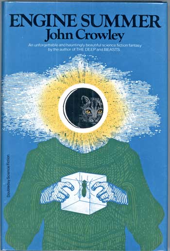 The image is a book cover for 'Engine Summer' by John Crowley. It features a person in a green sweater holding a white cube…