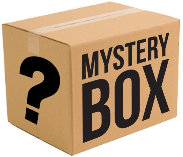 A plain brown cardboard box is shown, sealed with tape, with the words 'MYSTERY BOX' printed in bold black letters on one…